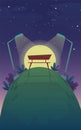 Park night bench , romantic date sunset walk , grass hill stars at the sky background. vector landscape scenery illustration