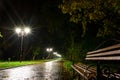 Park night lanterns lamps: a view of a alley walkway, pathway in a park with trees and dark sky as a background at an summer eveni Royalty Free Stock Photo