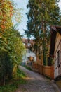 Park and Old Fachwerk houses in Germany. Scenic view of ancient medieval urban street architecture with half-timbered Royalty Free Stock Photo