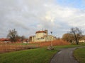 Park and old homes in Silute town, Lithuania Royalty Free Stock Photo