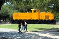 Park with old train and people enjoying Royalty Free Stock Photo