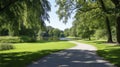 A park with a path leading to a pond Royalty Free Stock Photo