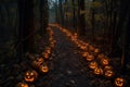 a park path magically transformed into a haunted Halloween trail.