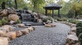 Park Pathway, Waterfall, Gazebo, Landscaping Royalty Free Stock Photo