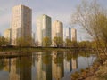 Park `Peremoga` view with a lake in springtime. Kiev, Ukraine. Royalty Free Stock Photo