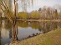 Park `Peremoga` view with a lake in springtime. Kiev, Ukraine. Royalty Free Stock Photo