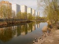 Park `Peremoga` view with a lake in springtime. Kiev, Ukraine. Royalty Free Stock Photo