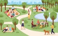 Park picnic. Family rest in city park, people eat and drink in nature together, communicate with friends, summer outdoor