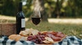 Park picnic red wine, cheese, salami, bread Royalty Free Stock Photo