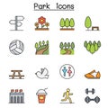 Park, Public Park, national park, garden color line icon set