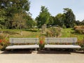 Benches for rest in the park against the background of beds of flowers Royalty Free Stock Photo