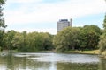 Park Rheinaue with lake Rheinauensee and office tower Langer Eugen housing United Nations organizations at UN campus in Bonn, Royalty Free Stock Photo