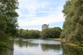 Park Rheinaue with lake Rheinauensee and office tower Langer Eugen housing United Nations organizations at UN campus in Bonn, Royalty Free Stock Photo