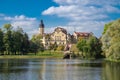 Park with river in Nesvizh city, Belarus. Royalty Free Stock Photo