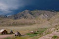 Park of rock paintings Kalbak-Tash in the Altai Republic. Fantastic Altai nature landscape, amazing summer valley before rain.