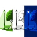 Park scene with lamp post and bench isolated on white background Royalty Free Stock Photo
