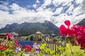 Park for small children mountain in the background. Outdoor adventure Colorful playground for kids