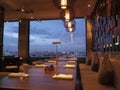 Beautiful view of Kolkata skyline in blue hour after sunset, from restaurant