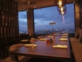 Beautiful view of Kolkata skyline in blue hour after sunset, from restaurant