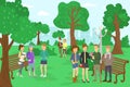 Park with teenagers, vector illustration. Flat girl guy character rest outdoor at city nature, happy young people
