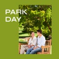 Park time text on green with happy caucasian couple on bench in sunny park