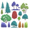 Park tree vector illustration, cartoon flat nature landscape collection with colorful forest, city park or garden trees