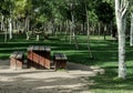 Park with trees and benches along riverbank Royalty Free Stock Photo