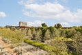 a park with trees and a city in the background Royalty Free Stock Photo