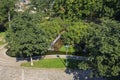 A park with trees and a pond into which a small waterfall flows. Top view