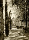 Park with trees and sculptures in sepia tone Royalty Free Stock Photo