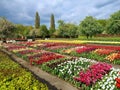 Park with tulips field at the German water castle Schloss Dycki in spring