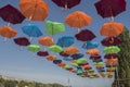 The park with umbrellas in the town of Beloslav. The park is situated on the banks of the lake near the ferry