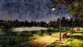 Park walkway at autumn night watercolor landscape