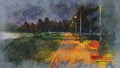 Park walkway at autumn night watercolor sketch Royalty Free Stock Photo