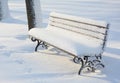 Park wooden bench after snowstorm. Royalty Free Stock Photo