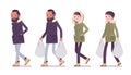 Parka man and woman walk with shopping bags