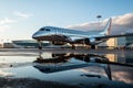 Parked aircraft by the jetway, mirrored in a puddle\'s shimmering reflection Royalty Free Stock Photo