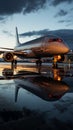 Parked aircraft by the jetway, mirrored in a puddle\'s shimmering reflection Royalty Free Stock Photo