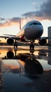 Parked aircraft by the jetway, mirrored in a puddle\'s shimmering reflection Royalty Free Stock Photo