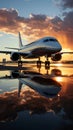 Parked aircraft by the jetway, mirrored in a puddle\'s shimmering reflection Royalty Free Stock Photo