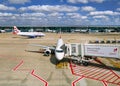 Parked airplane at sunny Brussels airport, Belgium