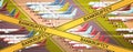 Parked airplanes at taxiway airport terminal with yellow bankruptcy tape coronavirus pandemic