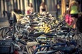 Parked bicycles in the middle of the street in the middle of a sunny day Royalty Free Stock Photo