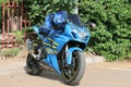 Parked blue 1000cc motorbike at Yearly Mass Ride