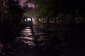 Parked car at night city under rain.