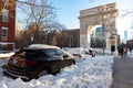 Parked Cars Covered in Snow along the Street by Washington Square Park during Winter in Greenwich Village of New York City Royalty Free Stock Photo