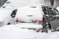 Parked cars, covered in snow, stand along the road. Snowfall in the city, falling snowflakes. Concept: traffic collapse, increased