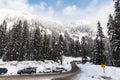 Parked cars on winding road at Alpental Ski Area in Washington