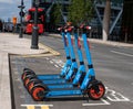 Parked electric scooters in Bank Street Park, Canary Wharf