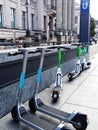 Parked electric scooters by U-bahn stop in Berlin